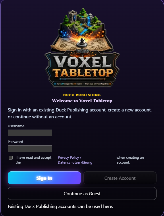 Voxel Tabletop account sign-in